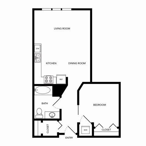 Floor plan for 1 bed, 1 bath, 678 sqft